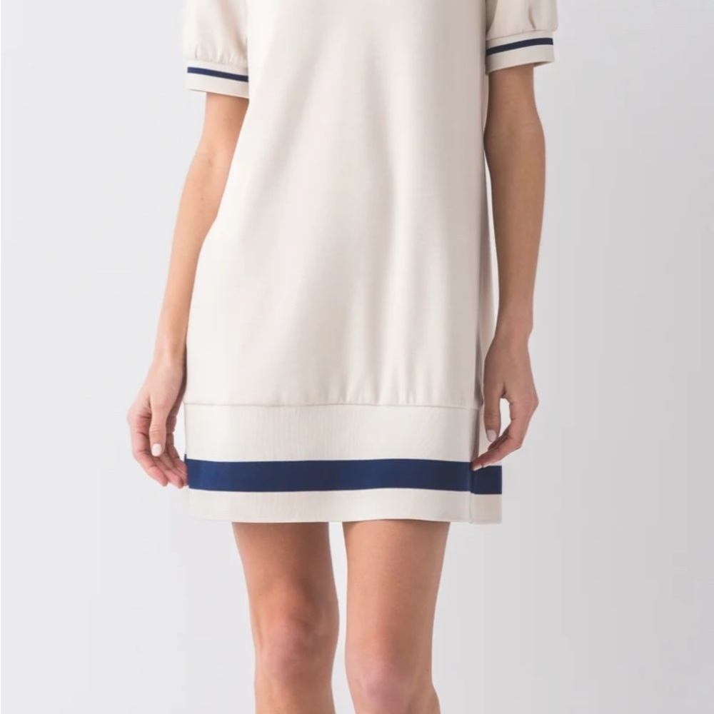 Chic Cream Mini Dress with Navy Trim